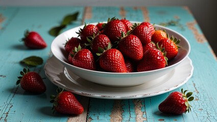 A vibrant display of strawberries on a rustic table, conveying freshness.