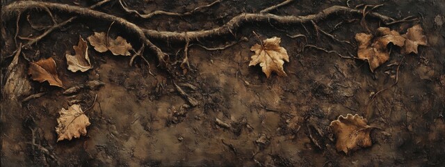 Fototapeta premium Damp rich soil featuring fallen leaves and roots in a natural forest environment during autumn