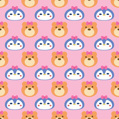 Cute Penguin and Bear Vector Seamless Pattern Digital Paper – Adorable Winter Animal Nursery Background, Baby Shower Scrapbook Paper, Kids Room Decor, Kawaii Arctic Wildlife Illustration, Blue and Whi