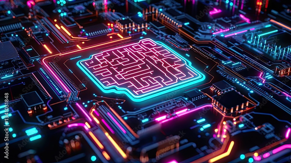 Poster artificial intelligence future network and data science concept. vibrant circuit board with neon lig