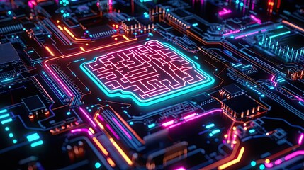 Obraz premium Artificial intelligence future network and data science concept. Vibrant circuit board with neon lights and intricate designs.