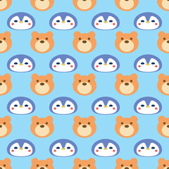 Cute Penguin and Bear Vector Seamless Pattern Digital Paper – Adorable Winter Animal Nursery Background, Baby Shower Scrapbook Paper, Kids Room Decor, Kawaii Arctic Wildlife Illustration, Blue and Whi