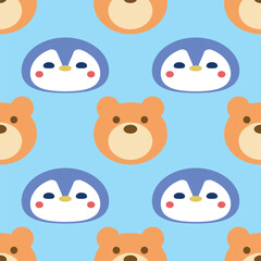 Cute Penguin and Bear Vector Seamless Pattern Digital Paper – Adorable Winter Animal Nursery Background, Baby Shower Scrapbook Paper, Kids Room Decor, Kawaii Arctic Wildlife Illustration, Blue and Whi