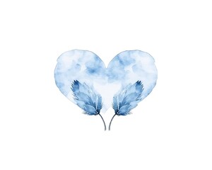 Blue Watercolor Heart with Feathers.