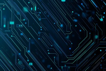 Fototapeta premium Abstract close-up of a glowing blue digital circuit board, showcasing intricate connections and technological design on a black background. 