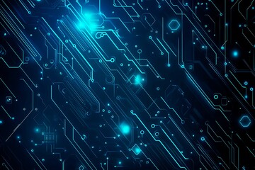Abstract close-up of a glowing blue digital circuit board, showcasing intricate connections and technological design on a black background.
