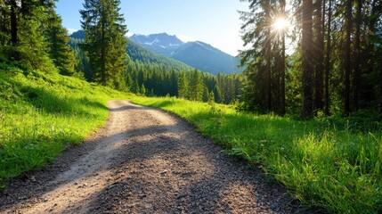 Fototapeta premium Serene and Peaceful Forest Pathway with Warm Sunlight Filtering Through the Lush Greenery and Towering Evergreen Trees Idyllic Outdoor Adventure and Hiking Landscape