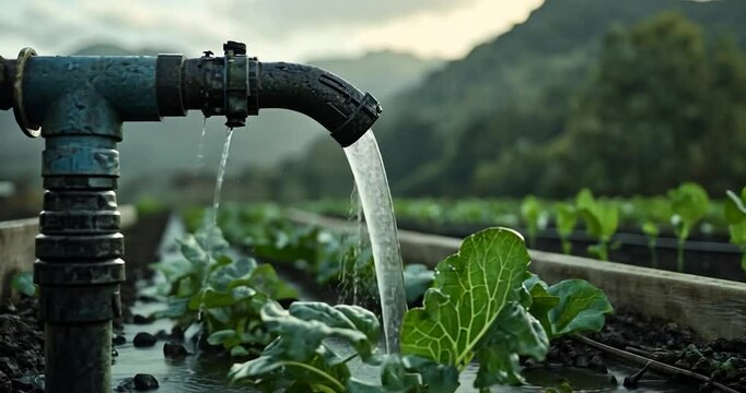 Water flowing from a pipe irrigates lush green leafy plants in a raised garden bed.  A tranquil outdoor scene