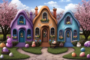 A 16-bit Easter village with tiny pixel bunnies running around, decorating eggs in pastel colors