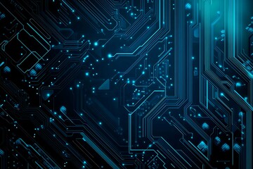 Abstract close-up of a glowing blue digital circuit board, showcasing intricate connections and technological design on a black background.
