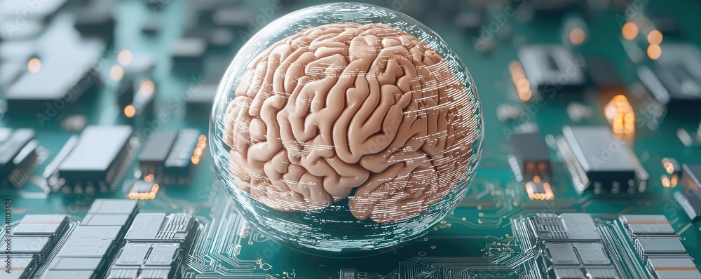 Poster artificial intelligence and future of network science concept. a brain encased in glass sits on a ci
