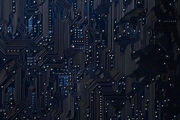 Abstract close-up of a glowing blue digital circuit board, showcasing intricate connections and technological design on a black background.
