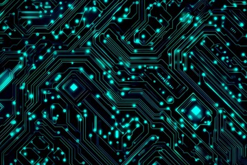 Fototapeta premium Abstract close-up of a glowing blue digital circuit board, showcasing intricate connections and technological design on a black background. 