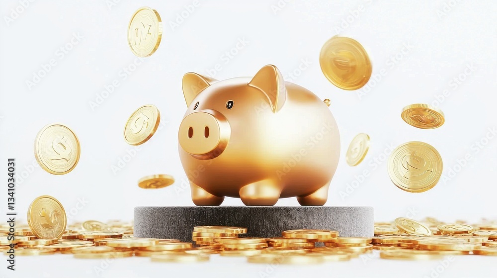 Poster a golden piggy bank on a platform with falling golden coins around it symbolizing the concept of wea