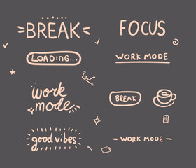 Set Doodle elements for work time retro style. hand drawing, pen doodle texture art. Isolated break paint lettering, funky painted writing vector set.
