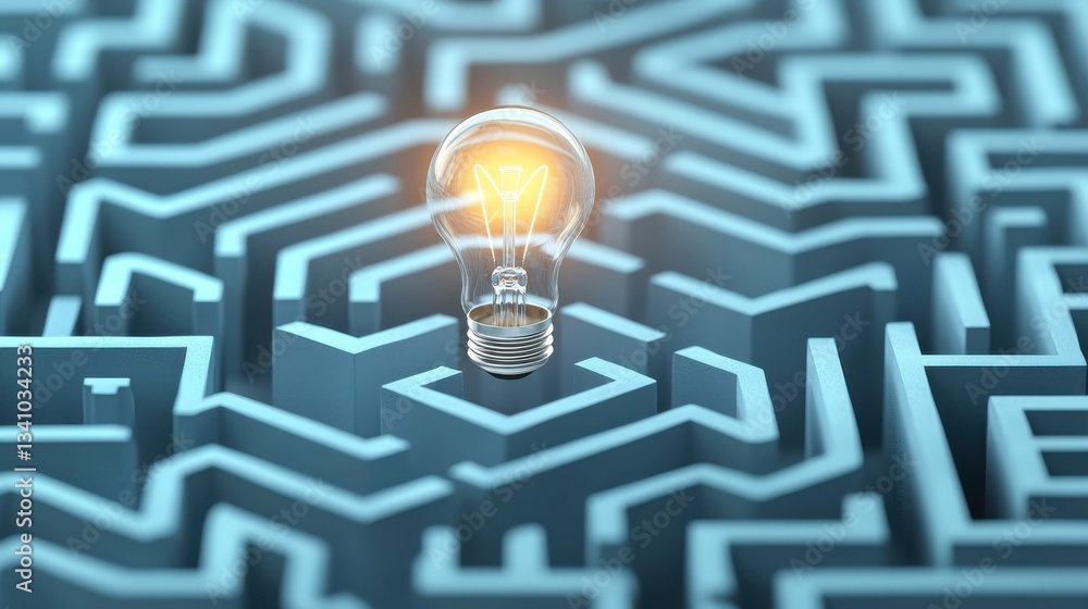 Poster a glowing light bulb illuminating a complex maze symbolizing creative problem solving innovative thi