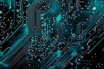 Abstract close-up of a glowing blue digital circuit board, showcasing intricate connections and technological design on a black background.
