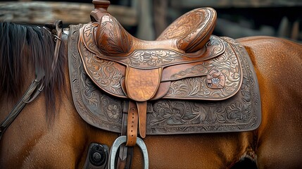  Ornate Western Leather Saddle on Horse