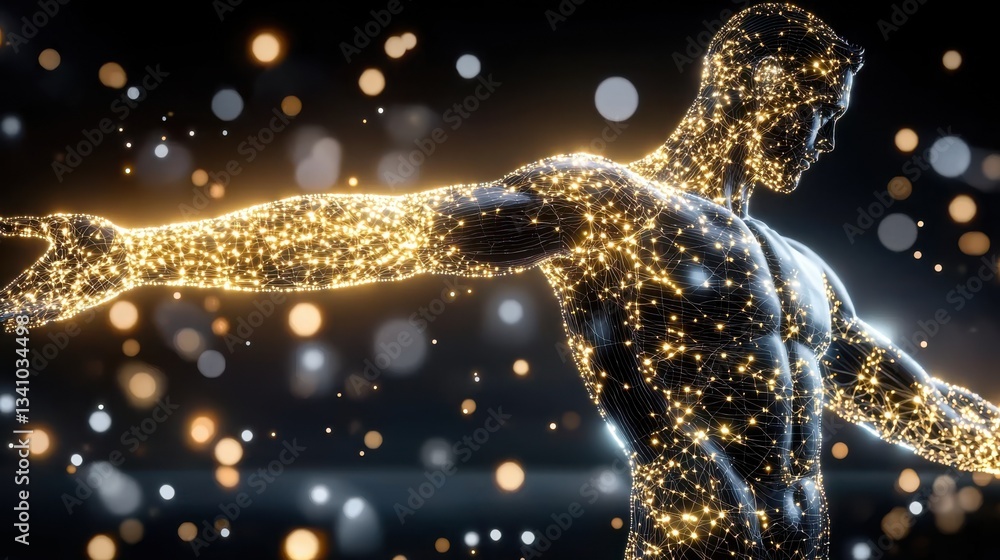 Poster a striking digital depicting a glowing futuristic human figure emanating a radiant shimmering displa