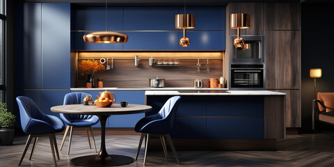 A modern kitchen with deep blue cabinetry, wooden accents, and gold pendant lighting, featuring a cozy round dining table with matching blue chairs in a stylish setting.