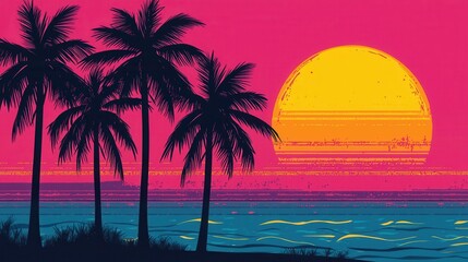 Naklejka premium Vibrant Sunset Over Ocean with Palm Trees in Neon Colors