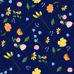 Fototapeta premium Seamless pattern with flowers on a blue backdrop. Stylish beautiful seamless pattern. Background for gift wrapping, textile. Vector wallpaper design. Decoration fabric.