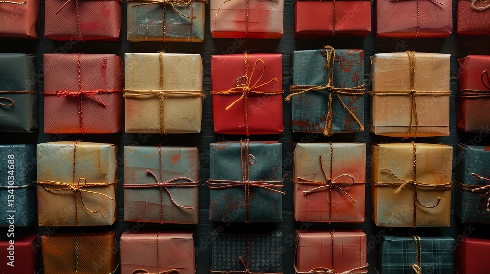 Poster a flat lay of a variety of wrapped presents in different colors and patterns, arranged in rows.
