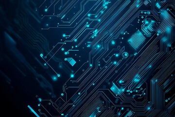Abstract close-up of a glowing blue digital circuit board, showcasing intricate connections and technological design on a black background.
