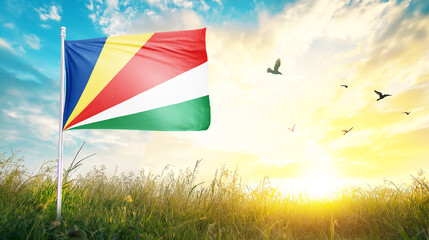 Seychelles flag textile cloth fabric waving on the top sunrise mist fog