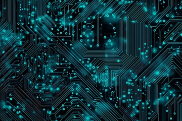 Abstract close-up of a glowing blue digital circuit board, showcasing intricate connections and technological design on a black background.
