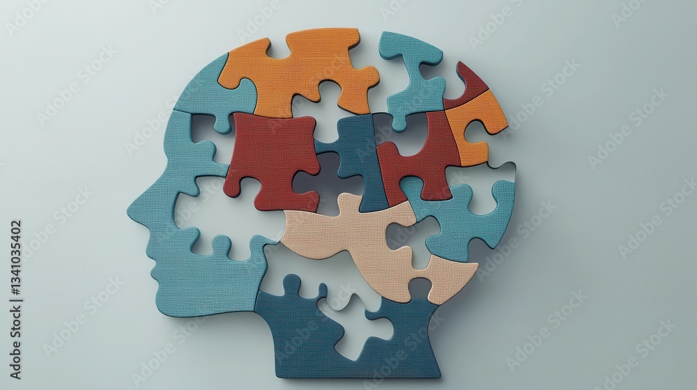 Poster a creative and abstract depicting a human head silhouette made up of colorful puzzle pieces symboliz