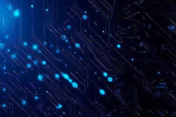 Abstract close-up of a glowing blue digital circuit board, showcasing intricate connections and technological design on a black background.
