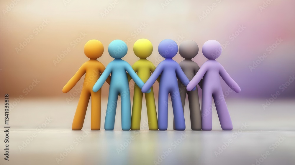 Poster a diverse group of colorful abstract human like shapes or characters standing together in connection