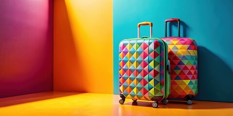 Vibrant Geometric Suitcases Resting Against a Colorful Wall in a Studio Setting