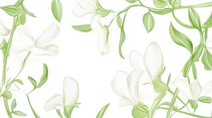 Delicate White Flowers and Soft Green Leaves Floral Illustration Print Design