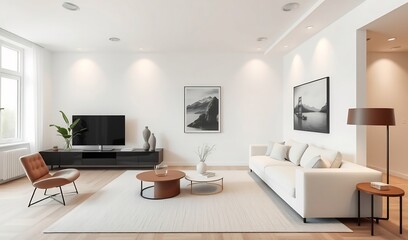 Serene minimalist living room subtly lit showcasing calm neutral tones. AI Generated
