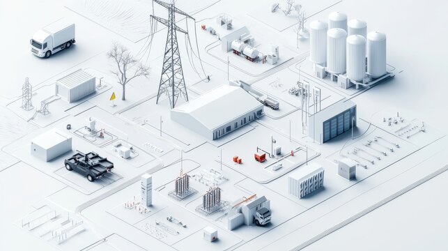 Aerial isometric of a winter industrial landscape featuring a complex network of power facilities electrical grid transportation infrastructure and manufacturing facilities