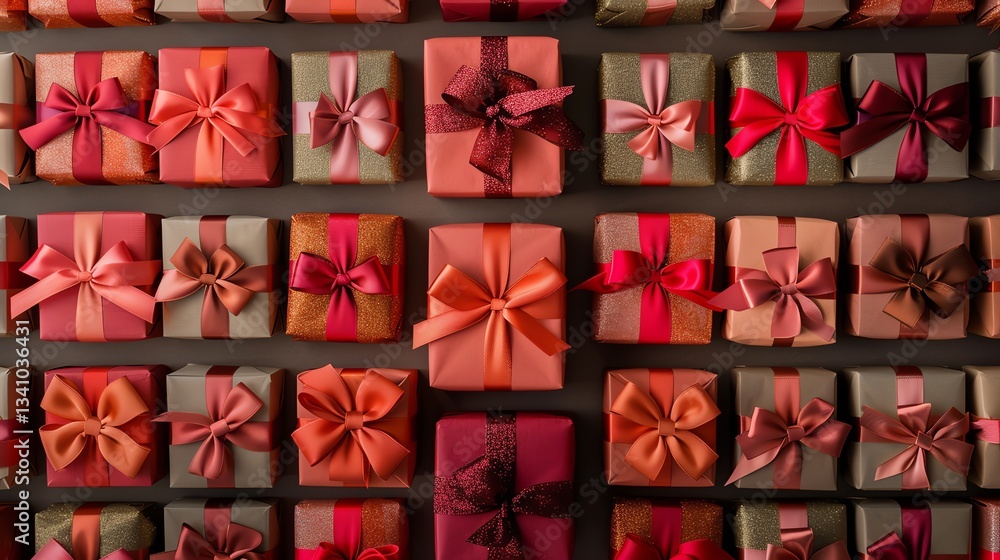 Poster an array of red and pink gift boxes with satin ribbon bows, arranged in a neat pattern.