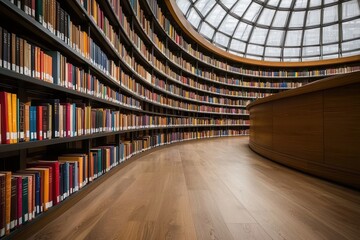 Obraz premium Spiral bookshelves in a hyper modern futuristic library interior design The curved symmetrical shelves showcase a vast collection of books creating an abstract architectural aesthetic