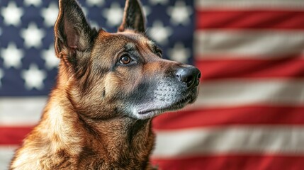 German Shepherd Dog Posing Against American Flag Memorial Day America United States Concept