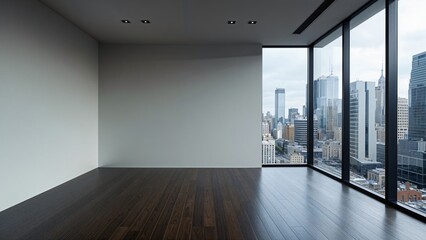 Fototapeta premium Empty Modern Room with Stunning City View Through Large Windows