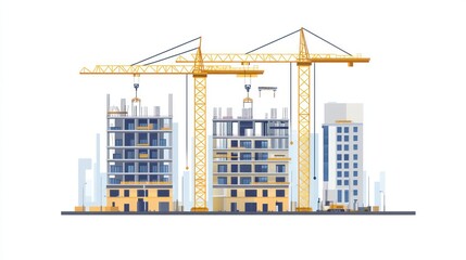Construction Site Cityscape with Cranes,  Background city buildings