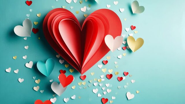 Colorful paper hearts on blue background with 3d red heart. The 14th of February. Happy Valentine's Day