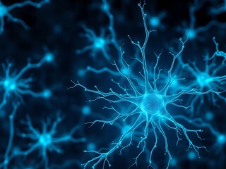 Glowing blue neurons intricately branching a mesmerizing microscopic view. AI Generated