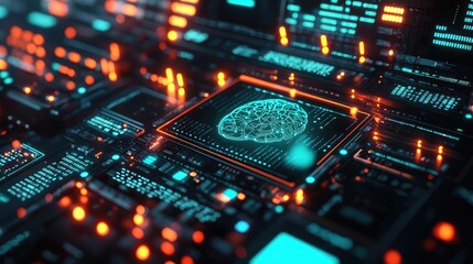 Obraz premium Artificial intelligence future network and data science concept. Futuristic circuit board with glowing elements and a brain design.