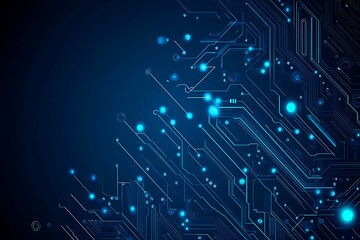 Abstract close-up of a glowing blue digital circuit board, showcasing intricate connections and technological design on a black background.
