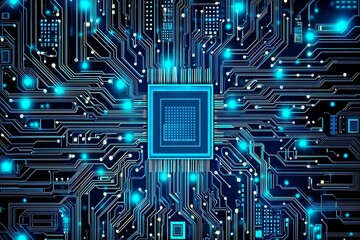 Abstract close-up of a glowing blue digital circuit board, showcasing intricate connections and technological design on a black background.
