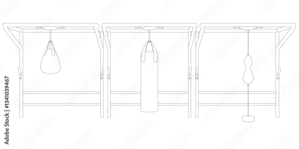 Poster outline of a set with different types of punching bags. front view