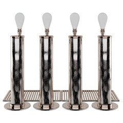 Four metallic beer taps with white handles