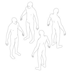 Four figures are standing in line, each with their arms outstretched. Figures are all dressed in all black and appear to be in state of motion. Scene is one of tension and anticipation. Isometric view